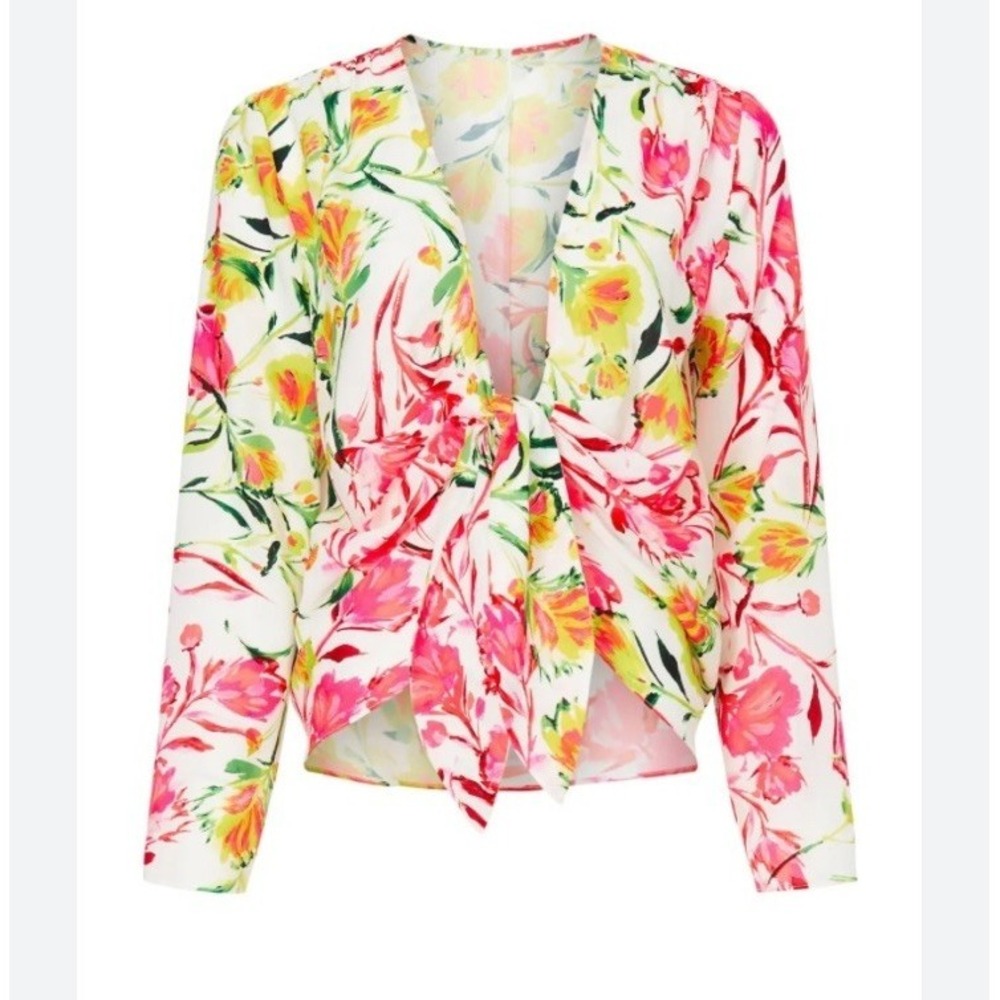 Milly Nalia Tie Front Top womens Neon Botanical multi floral print blouse Sz P‎
